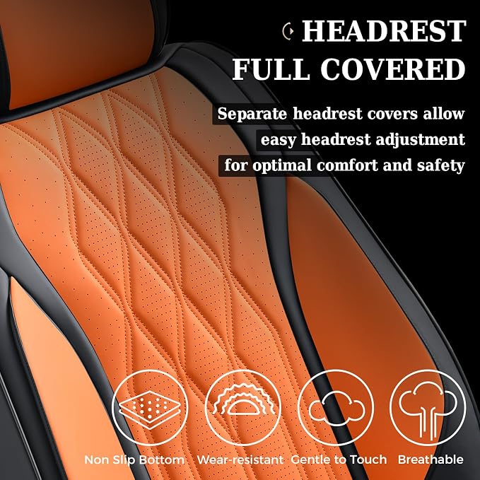 Coverado Front Seat Covers, Car Seat Protector, Waterproof Nappa Leather Cushion, Fit for Most Sedans SUV Pick-up Truck-Black&Orange - Image 4