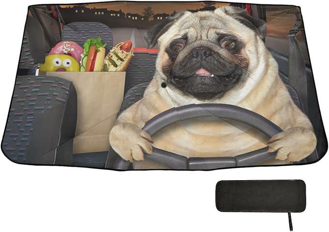 Fun Pug Dog Driving Windshield Sun Shade Umbrella Foldable Car Front Window Sunshade Blocks UV Rays Heat Keep Vehicle Cool (55" x 27.5") - Image 6
