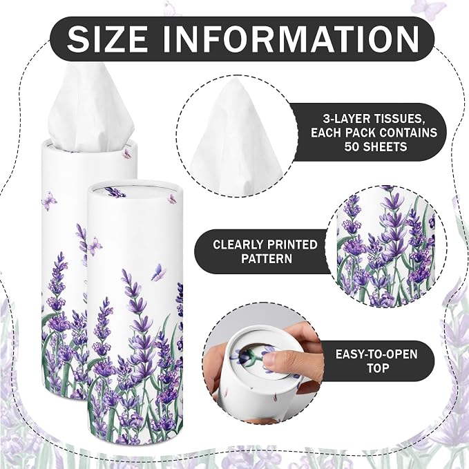 Arttown Car Tissue Holder for Cup Holder Facial Tissues 12 Pack Lavender | Purple Bulk 3-Ply,Refillable Marble Print Cylinder Tissue Boxes,Fit Car Home Office School (600 Sheets Total,50 Sheets Each) - Image 4