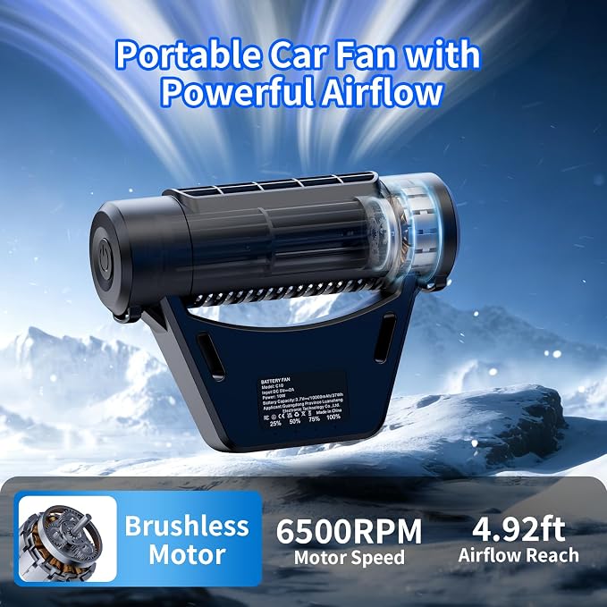 Socool 10000mAh Portable Car Fan Rechargeable Battery Powered, 4-Speed Car Seat Fans for Baby Kids Backseat Cooling, Mini Rear Headrest Neck Fan 70° Tilt Adjustment for RV Truck Van Travel - Image 3