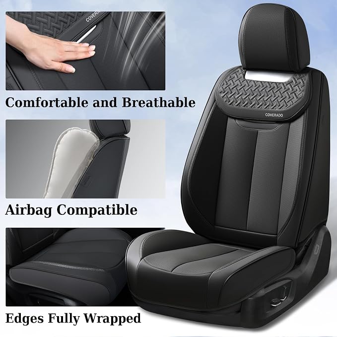 Coverado Car Seat Covers Front Seats, Nappa Leather Front Seat Covers, Waterproof Car Seat Cushion, Black Seat Covers Car Seat Protector Interior Accessories Fit for Most Cars - Image 2