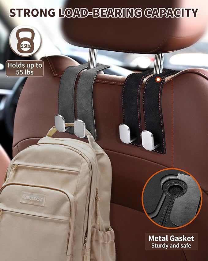 Headrest Hooks for Car, 4 Pack Car Seat Back Organizer Storage Hook, Double Hook Car Seat Hooks for Hanger Purses and Bags, Leather Purse Holder for Car, Black - Image 2