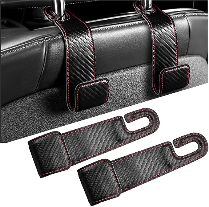 2PCS Car Seat Headrest Hook, Leather Vehicle Seatback Organizer Hanger for Hanging Purse Bag Coat, Auto Seat Back Storage Hook Accessories, Universal for SUV, Sedan, Truck (Carbon Fiber Black) by KHGUZ