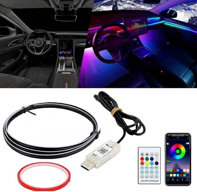 Interior Car Ambient Lighting Neon Kit for Center Console Dashboard Gap | 43.3 Inches, High Bright, RGB LED Ultrathin Acrylic Strip Lights, APP & Remote Control, USB interface, Music Sync, Universal by Goodream