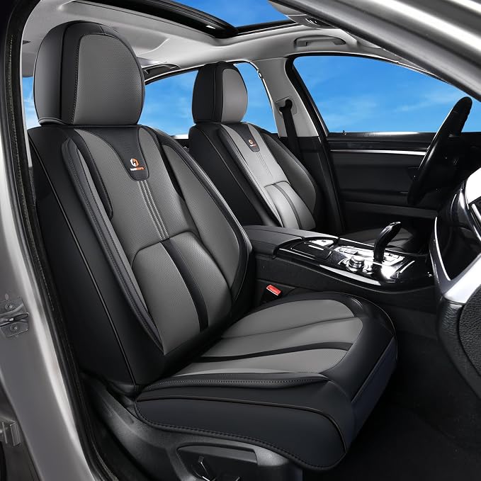 Huidasource Car Seat Covers Front Seats Luxury Nappa Leather, Front Seat Covers with Airbag, Front Storage Pocket, Lumbar Support, Cooling＆Heating, Universal Fit for Most Cars SUV Trucks, Black&Gray by Huidasource