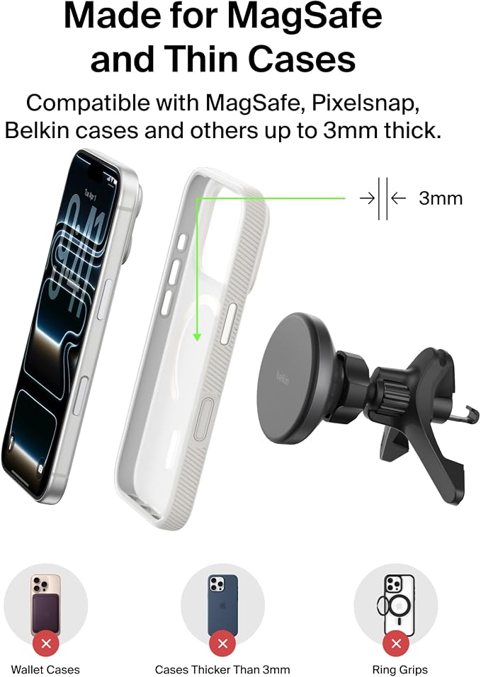 Belkin Qi2 15W Magnetic Wireless Vent Mount, Fast Charging Car Charger | MagSafe Compatible, iPhone 15/16/17, Samsung Galaxy S26, AirPods, iPads, MacBook, Chromebook, Car Phone Charger - Image 6