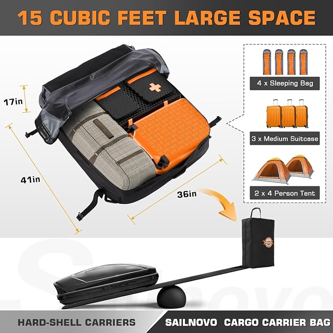 Sailnovo 15 Cu Ft Rooftop Cargo Carrier, Waterproof Soft Shell Roof Bag | Fits Vehicle with/without Rack, Anti-Slip Mat, 4 Reinforced Straps, 4 Door Hooks, Ideal for Camping and Road Trips - Image 4