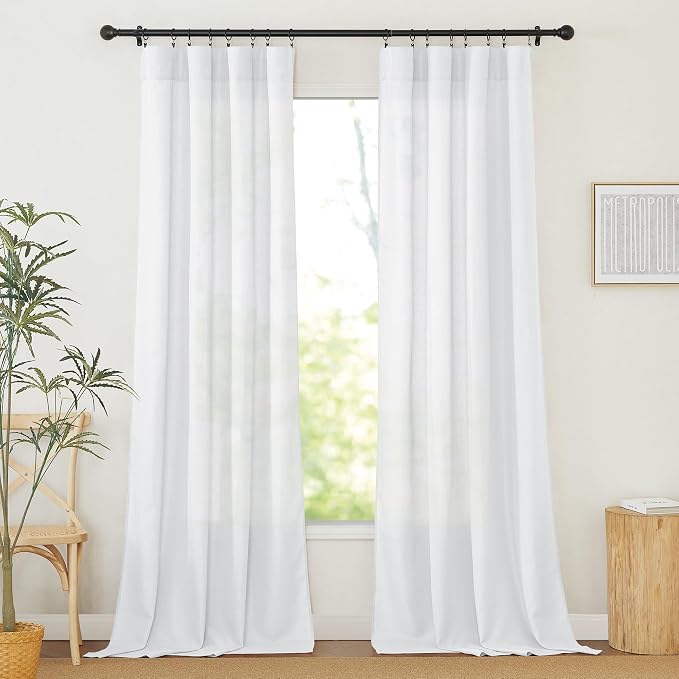 RYB HOME Linen Sheer Curtains 2 Panels for Living Room, Semi Transparent Privacy Drapes with Rod Pocket Farmhouse Style Window Treatments for Bedroom, White, 52" W x 102" L by RYBHOME