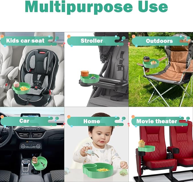 [2 Packs] Kids Car Seat Tray, Travel Tray with Cup Holder for Toddler Baby, Kids Car Seat Food Snack Organizer for Road Trip, Stroller snack Organizer Travel Must Haves (Light Green) - Image 3