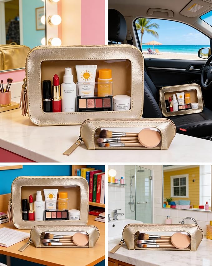 2Pack Clear Makeup Bags, Makeup Pouch for Purse Slim Make Up Brush Bag for Girls Car Accessories Essentials for Women(2Pack-Gold Set) - Image 5