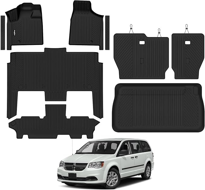 Floor Mats for 2011-2021 Dodge Grand Caravan 7 Seats Accessories | Trunk Mat and Backrest Mats & Door Sill Guard All Weather TPE Protector Odorless Full Set Interior Floor Liners by Bingoliner