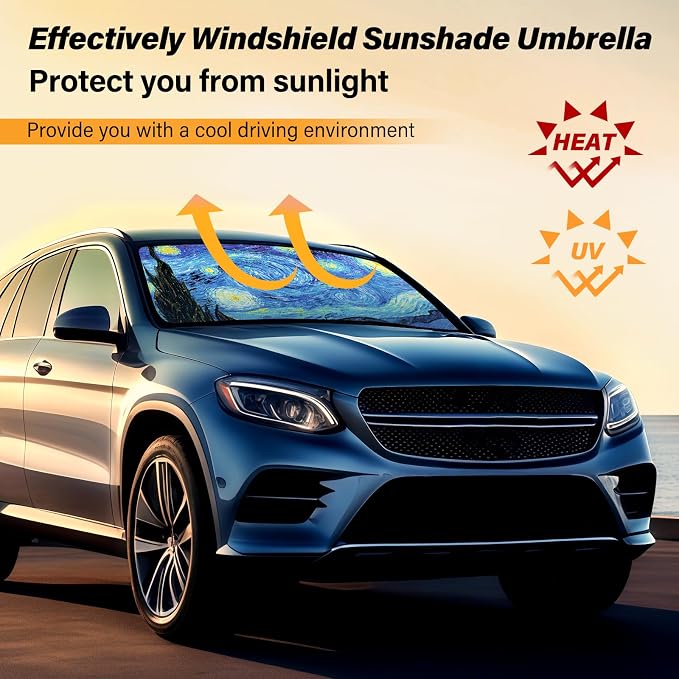 Windshield Sun Shade Umbrella, Blocks UV Rays & Heat, 57"x31.5", Star | Foldable Umbrella Structure Easy Storage, Blocks 99% UV Rays, Fits Most Car Windshields, Protects Interior from Fading - Image 6