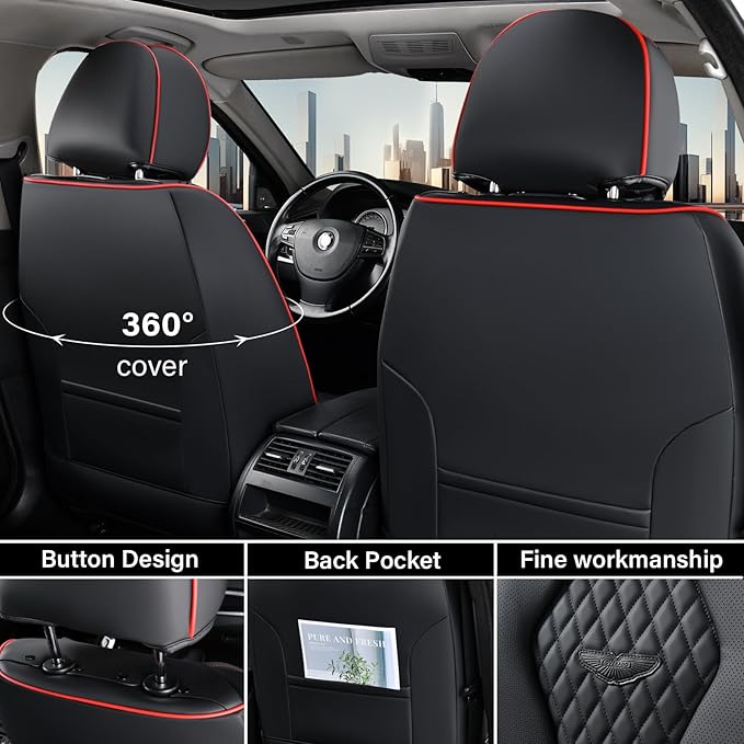 Coverado Car Seat Covers Full Set, Black Seat Covers, Waterproof Car Seat Cover, Car Seat Cushion, Car Seat Covers Front Seats Back Seat Covers, Car Seat Protector Universal Fit Most Cars Red Line - Image 4