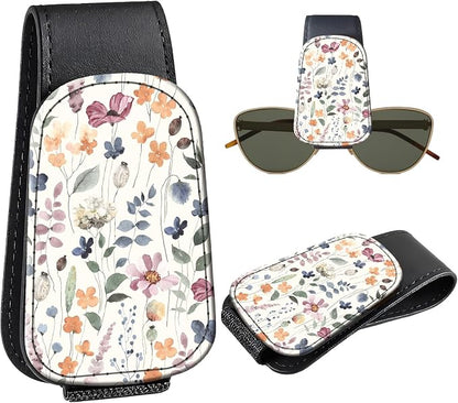 Leather Magnetic Sunglass Holder for Car Sun Visor, Cute Eyeglass Ticket Card Hanger Clip, Universal Auto Interior Accessories for SUV Pickup Truck, Soft Floral by Unknown