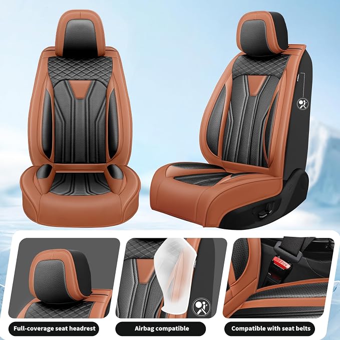 Fit Rogue Car Seat Covers Compatible with Nissan Rogue 2014-2026 - Full Set Premium Leather Waterproof Breathable，All-Weather Seat Cushion Protecto & Airbag Compatible (Full Set Brown & Black) - Image 2