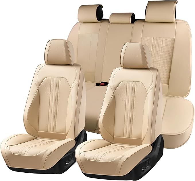 Huidasource Beige Seat Covers, Luxury Faux Leather Car Seat Cover, Velcro Adjustable, with Airbags, Seat Belts, Thinning Design Perforation Cooling＆Heating Fit for Most Cars, Vans, Trucks, SUVs, Beige by Huidasource