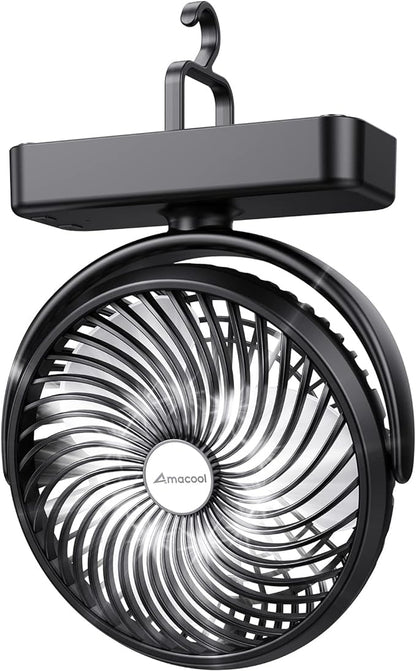 AMACOOL 10000mAh Battery Operated Camping Fan with LED Light-7 inch | USB Fan with Hanging Hook for Tent Car RV Hurricane Emergency Outage Camping Essentials Gear by AMACOOL