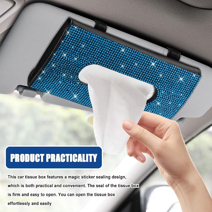 Bling Car Sun Visor Tissue Box Holder, Visor Accessories, Rhinestone PU Leather Crystal Sparkling Napkin Holder, Auto Sun Visor Paper Towel Cover Case Accessories for Most Cars (Blue) - Image 4
