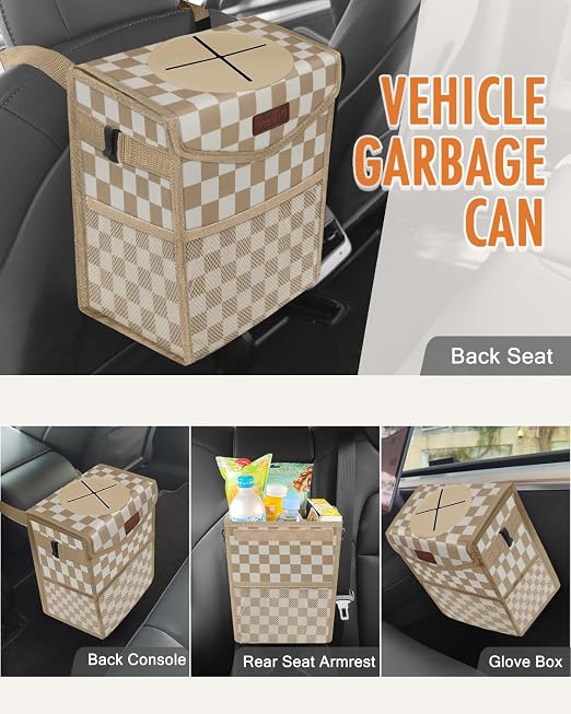 Pritent Car Trash Can with Lid Leakproof Car Garbage Bag Vehicle Trash Bin | Hanging Automotive Garbage Can,Multipurpose Car Accessories for Women Interior Car Storage Organizer(2 Gal,Khaki Checkered) - Image 6