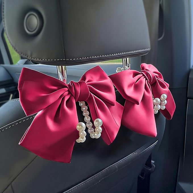 2 PCS Bow Pearl Car Seat Headrest Hook – Cute Purse Hook for Car, Girly Interior Decoration Accessories Hook Hanger, Seatback Holder for Purses & Bags, Elegant Car Organizer (Berry Fuchsia) by Unknown