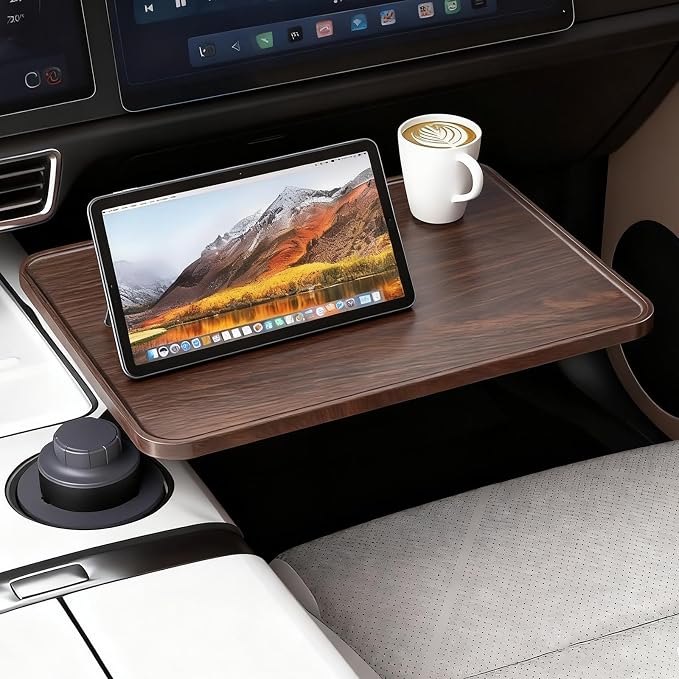 Car Desk for Laptop,360° Rotating Cup Holder Table,Wood Car Tray,Car Table | Adjustable Height Car Food Tray,Steering Wheel Tray,Car Seat Tray Compatible with Tesla Model Y/3/S, Ford F150& Most by Unknown