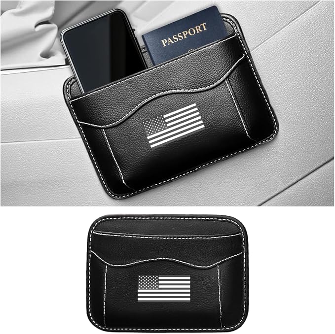 Car Seat Side Pocket Organizer, PU Leather Mini American Flag Vehicle Phone Holder Storage Bag, Auto Interior Tray Pouch Seat Gap Filler Accessories, Universal for SUV Sedan Truck (Black) by Ywdiml