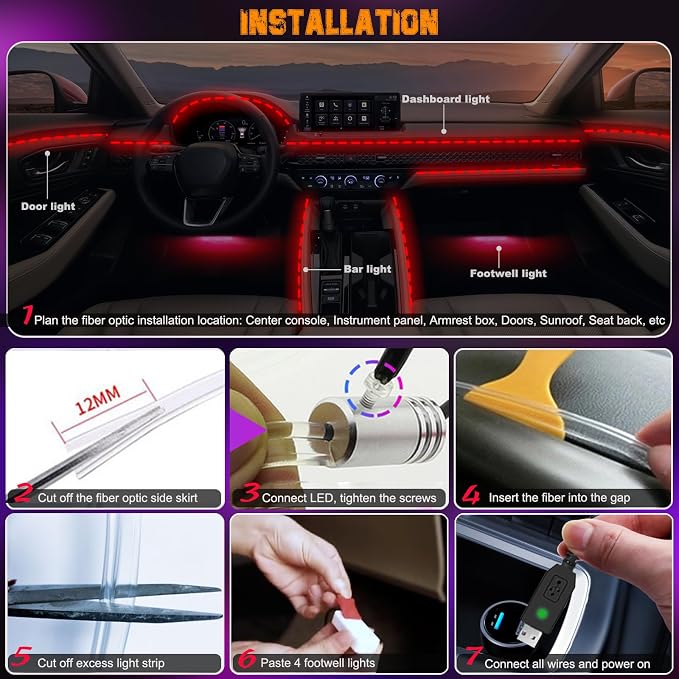 Jushope Car LED Lights, Interior Car Lights with Wireless APP/RF Remote/Button Control, Car Ambient Lighting Kit with 236" Integrated Molding Fiber Optic RGB Sync to Music (9 in 1-USB) - Image 5