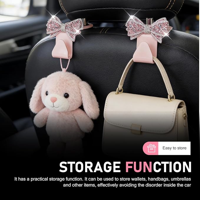 2 PCS Bling Car Seat Headrest Hooks, S Type Crystal Rhinestone Bow Vehicle Seat Back Storage Hooks for Purses Bags Groceries, Universal Diamond Car Rear Seat Organizer (Pink) - Image 5