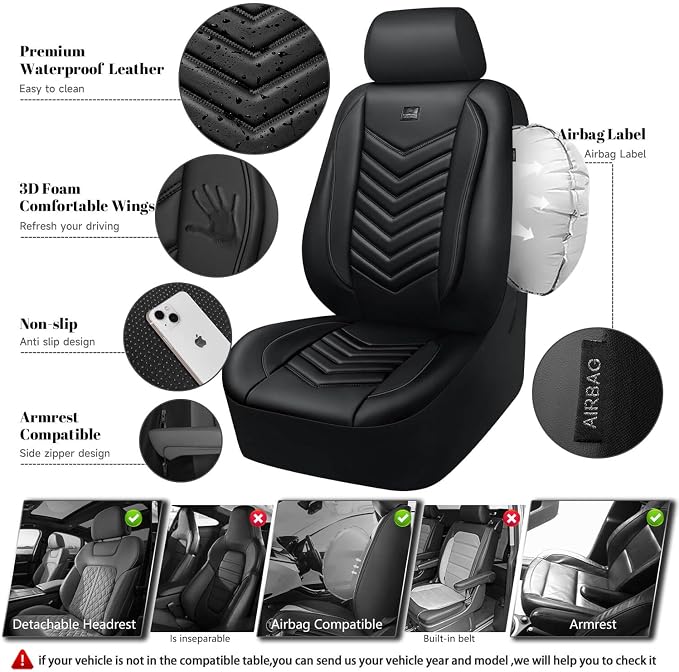 CAR PASS 3D Foam Faux Leather Seat Covers Full Set,Waterproof Leather Seat Cover for Cars,Luxury Universal Fit for SUV Truck Sedan Automotive, Armrest Airbag Compatible Anti-Slip, All Black - Image 3