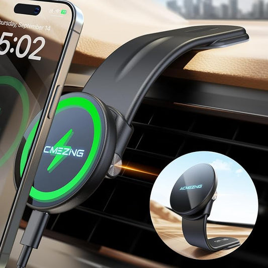 ACMEZING 15W Only for iPhone MagSafe Car Mount Charger, 360% Adjustable | Aluminum Alloy Arm, Relocatable Car Phone Holder, Magnetic Wireless Fast Charging, Cell Phone Holder for All Cars, Black by ACMEZING