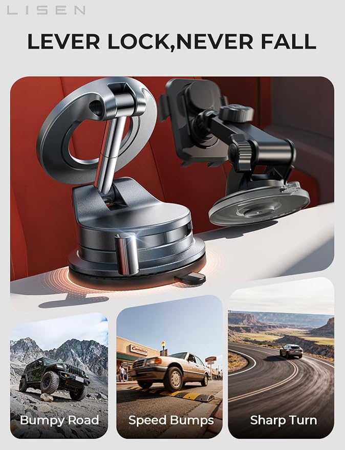 LISEN for MagSafe Car Mount [3800gf Strong Magnet & 90+LBS Suction] 360° Adjustable Vacuum Magnetic Phone Holders for Your Car, for iPhone 17 Pro Max 16 15 14 13 12 Plus Air for All Smartphones - Image 2