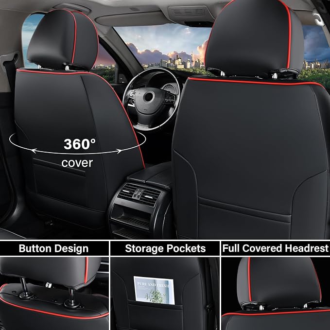 Coverado Seat Covers, Car Seat Covers Full Set, Leather Seat Covers for Cars, Automotive Seat Covers Car Seat Protector Car Accessories Fit for Most Sedans SUV Pick-up Truck(Black&Red) - Image 3