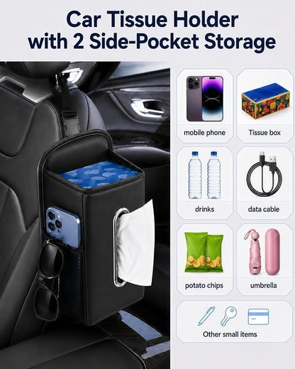 COZILO Leather Car Tissue Holder for Front & Back Seats, Car Tissue Box with 2 Side Mesh Pockets, Wide Metal Opening for Easy Pull, Fits 100–160 Count Rectangular Tissue Boxes, Black - Image 5