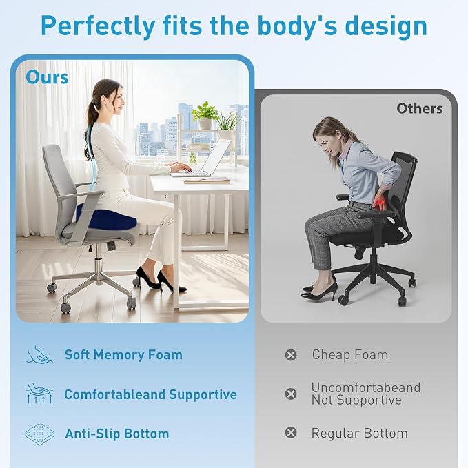 BlissTrends Thick Seat Cushion for Office Chair & Car Seat, XL, Blue | Memory Foam with Removable Cover, Ergonomic Tailbone & Sciatica Support for Pressure Relief and Long Sitting, 3.9" Thick - Image 7