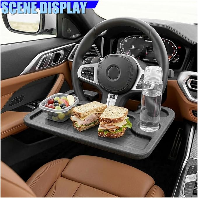 Car Steering Wheel Desk, 2 in 1 Multipurpose Auto Steering Wheel Tray with Drink Holder and Pen Slot, Portable Vehicle Computer Office Table Travel Accessories for Laptop, Food (Black) - Image 5