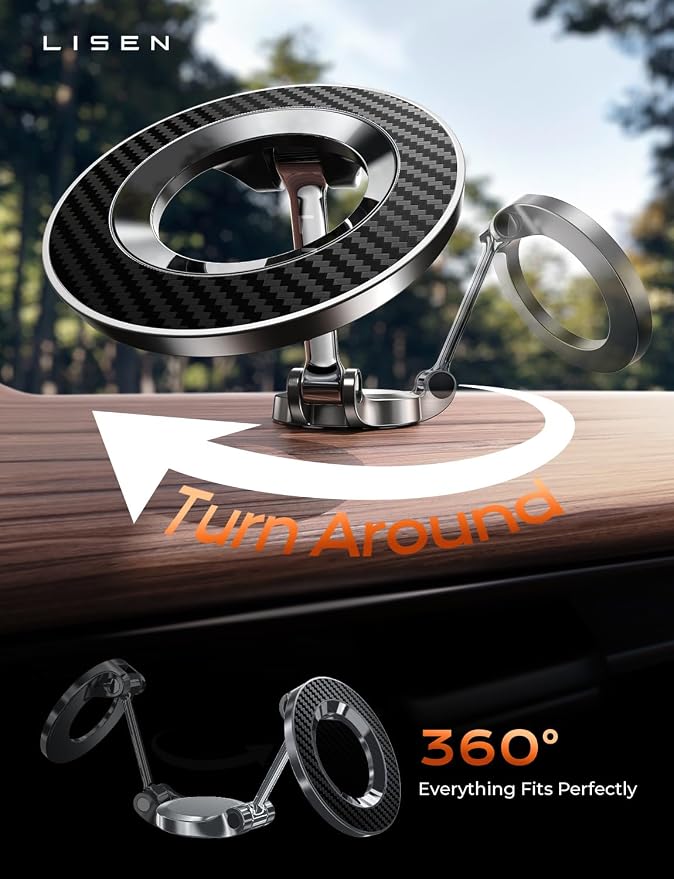 LISEN for MagSafe Car Mount, Magnetic Phone Holder for iPhone, Carbon Fiber | Super Compact Foldable Phone Holder for Car, 24 Strong Magnets Power for iPhone 12-17 Series, Classic 3M Adhesive No Residue - Image 6