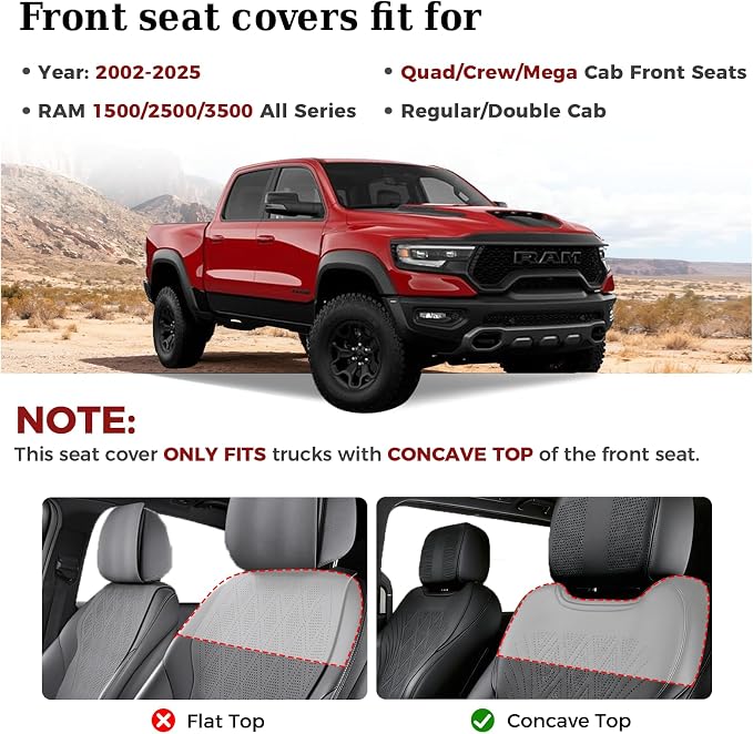 Truckiipa Dodge Ram 2 Front Seat Covers Custom Fit for 2002-2025 2026 1500 2500 3500 Pickup Crew Double Quad Cab Laramie Big Horn Full Coverage Waterproof Leather Truck Seat Protectors, Red - Image 2