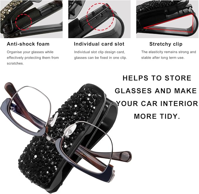 2 PCS Glasses Holders for Car Sun Visor, Bling Crystal Rhinestones Car Sunglasses Holder with Ticket Card Clip, Eyeglasses Hanger Mount for Women Girls, Car Interior Accessories (Black) - Image 3