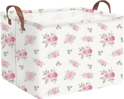 Rectangular Rose Pink Flower Basket for Girls,Waterproof collapsible laundry basket for girls,Kids Storage Baskets,Books Box,Gift Baskets,Baby Room Decor(Pink Flowers) by FXOCSHE