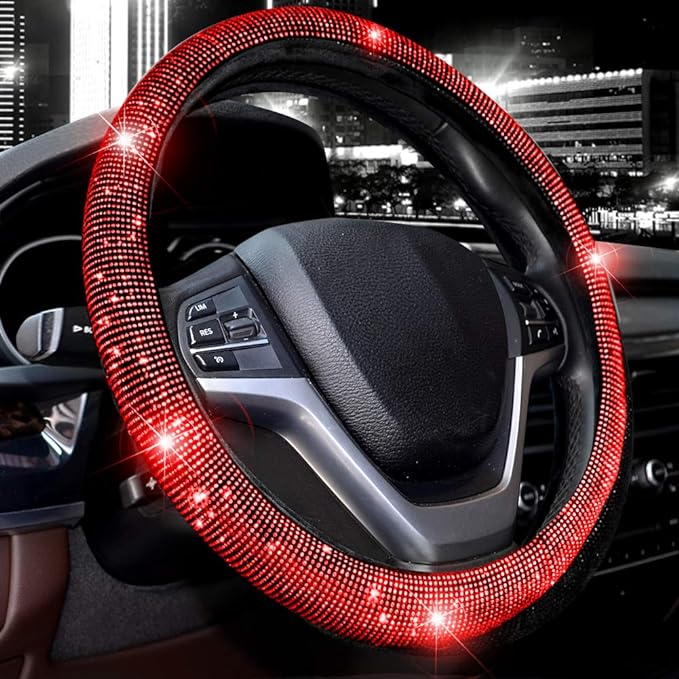 Steering Wheel Cover for Women Bling Bling Crystal Diamond | Sparkling Car SUV Wheel Protector Universal Fit 15 Inch (Black with Red Diamond,Standard Size(14" 1/2-15" 1/4)) by Valleycomfy