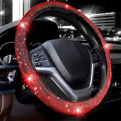 Steering Wheel Cover for Women Bling Bling Crystal Diamond | Sparkling Car SUV Wheel Protector Universal Fit 15 Inch (Black with Red Diamond,Standard Size(14" 1/2-15" 1/4)) by Valleycomfy