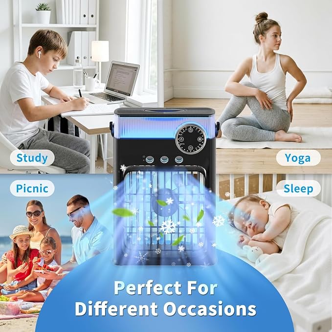 Portable Air Conditioner, Mini AC Unit for Bedroom | 1200ML Small Cooling Fan with Remote, 3 Mist 3 Speed 2-8H Timer Personal Air Cooler for Room Camping Office Car,Black - Image 8