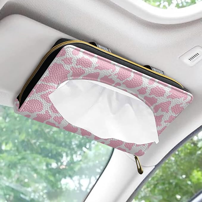 Biyejit 2 Pack Car Tissue Holder, Pink Cow Print Hanging Napkin Case, PU Leather Tissue Box for Car Sun Visor, Backseat for Car Decor - Image 2