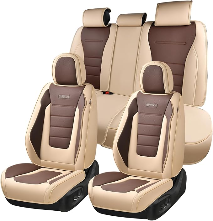 Coverado Car Seat Covers Full Set, Nappa Leather Seat Covers for Cars, Car Seat Protector Car Seat Cushion, Front and Back Seat Protectors Cushions Universal Fit for Most Cars Vehicles(Beige&Coffee) by COVERADOAUTO