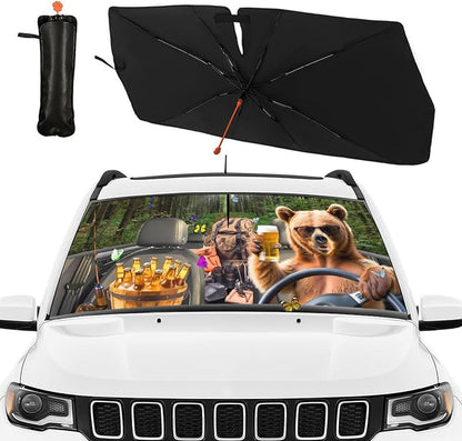 Bear Camping Car Windshield Sun Shade Umbrella Bendable Handle Foldable Funny Sunshade for Car Windshield Block UV Rays Keep Vehicle Cool for Most Sedans SUV Trucks Cars 57"x30" - Image 2