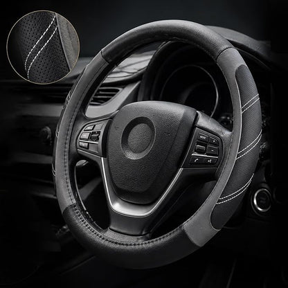 Elantrip Leather Large Steering Wheel Cover 14 1/2 inch to 15 inch Universal, Soft Grip Breathable for Car Truck SUV Jeep Anti Slip Gray by Elantrip
