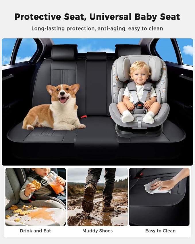 Huidasource Back Seat Cover, Luxury Faux Leather Rear Seat Cover, Velcro Adjustable, Compatible with Child Seat, Perforation Cooling＆Heating, Universal Fit for Most Cars, Vans, Trucks, SUVs, Black - Image 5