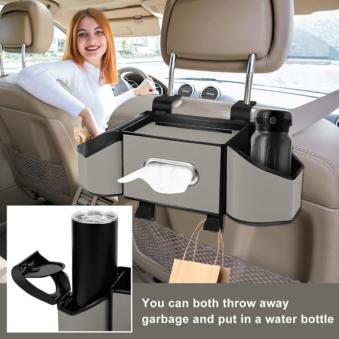 7-In-1 Car Seat Back Organizer with Cup Holders, Tissue Box, Garbage Can&Hooks, Multifunctional Headrest Storage Organizer, Headrest Cup Holder for Backseat, Car Accessories for Trips, Travels(Gray) - Image 6