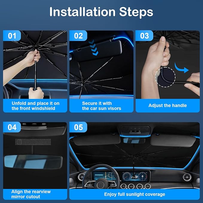 Windshield Sun Shade Umbrella, Foldable Car Windshield Sun Shade Cover, 56" x 31" UV & Heat Insulation Car Sun Shade, Universal Fit for Sedans, SUVs & Trucks - Image 8