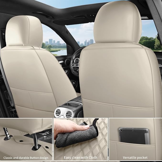 Beige High-Density Nappa Leather Automotive Car Seat Covers Full Set | Univerasal Fit,3D Contoured,Full Coverage,Waterproof,ThickTexture Nappa Leather,for most Suvs Trucks Sedans - Image 7